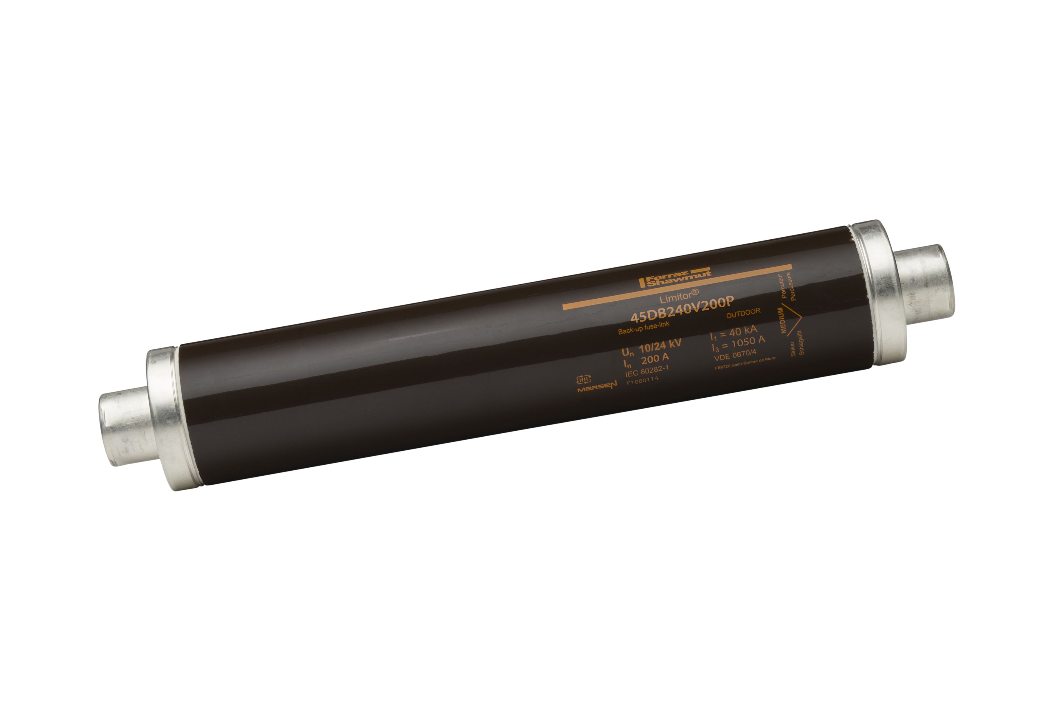 F1000114 - HV fuse, DIN, VDE T4, 24kV 200A, 442mm, 45mm, medium striker 80N